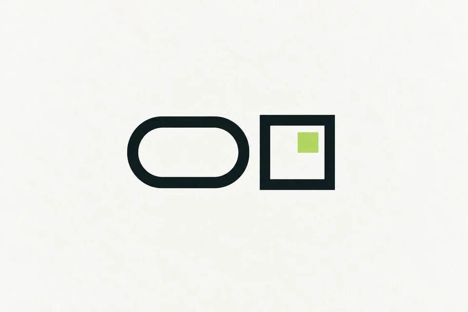 Rounded and square dark teal frames side by side, with a lime square inside the angular frame