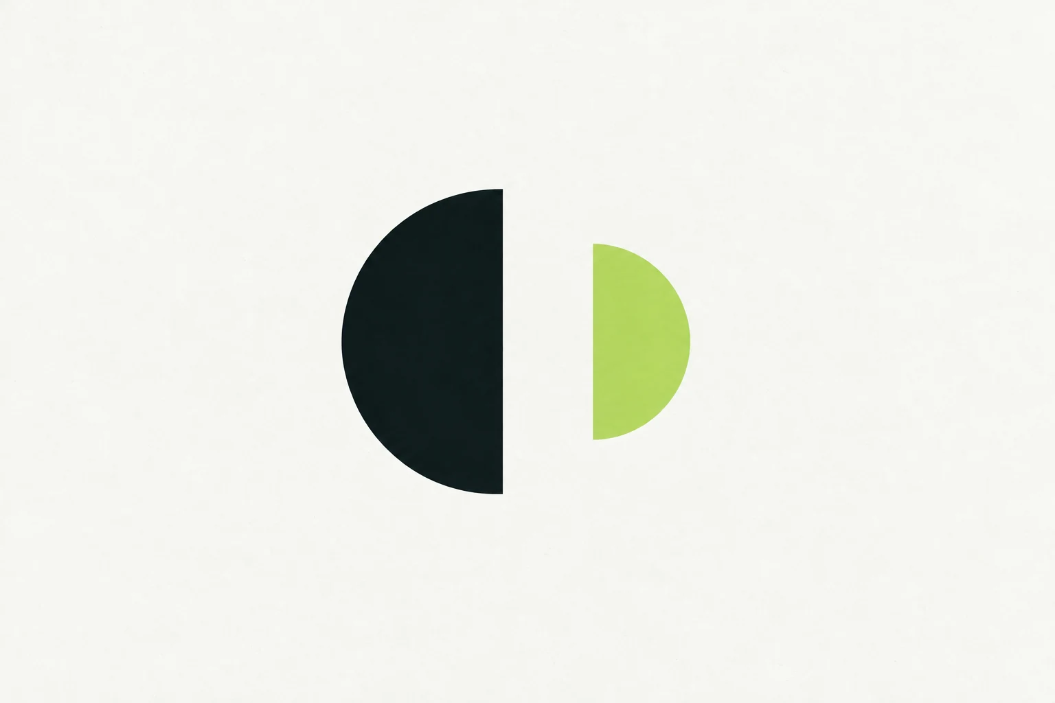 Two facing semicircles in dark teal and lime on a warm paper background