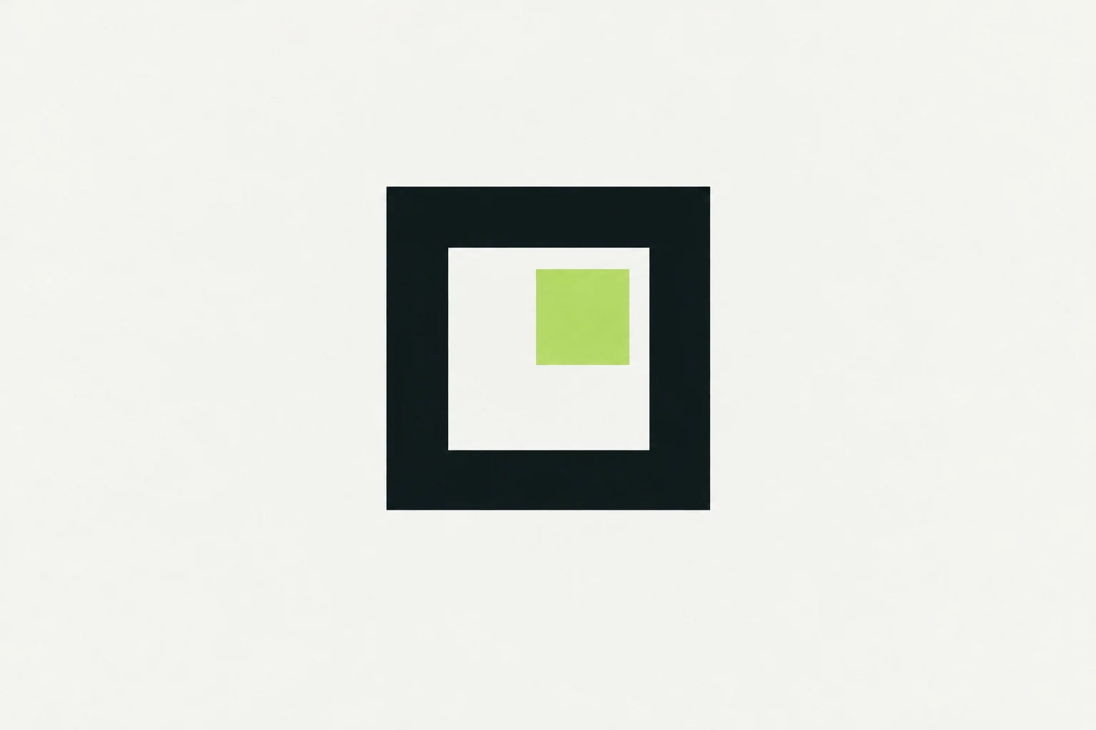 A dark teal square frame containing a lime square on a warm paper background